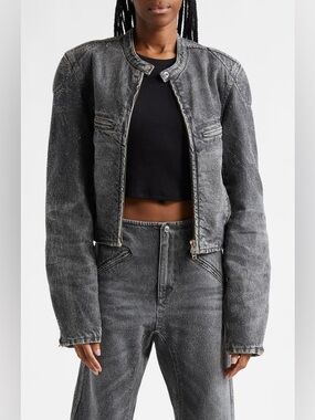 NWOT Alexander Wang Hotfix Crystal Embellished Faded Denim Moto Biker Jacket S